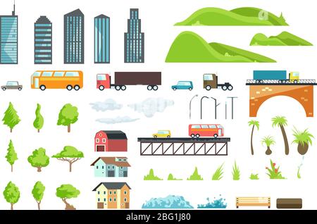 Flat city map vector elements with urban transport, road, trees and buildings. Illustration of bridge and automobile, green grass and bench for interf Stock Vector
