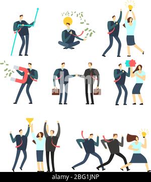 Women and men business people acting in various situation. Vector cartoon employees. Man and woman character in business situation collection Stock Vector