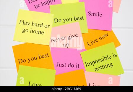 Motivational words on colorful stickers on white background. A vision Board. Cards with words. Affirmation, development, training, seminar. Plan, stra Stock Photo