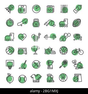 Sports and fitness outline symbols sports equipment thin line vector icons collection on white background illustration Stock Vector