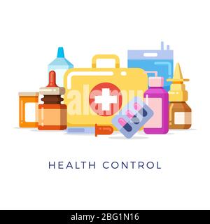 Bright first aid kit concept isolated on white background. Vector illustration Stock Vector