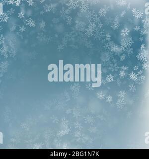 Snowflake flying, card or banner with snow elements, flakes confetti scatter. Cold weather winter symbols. EPS 10 Stock Vector