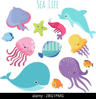 Cute baby sea fishes. Vector cartoon underwater animals collection. Jellyfish and starfish, ocean and sea life illustration Stock Vector