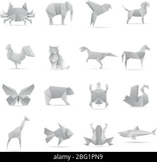 Asian creative origami animals vector collection. Animal geometric toy papers illustration Stock Vector