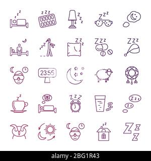 Insomnia problems and sleeping line icons set. Sleep and insomnia, health rest sleepless, vector illustration Stock Vector