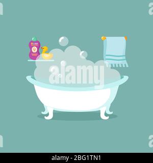 Bathroom cartoon vector interior with bathtub full of foam and shower. Illustration of bath interior, bathroom or bathtub Stock Vector