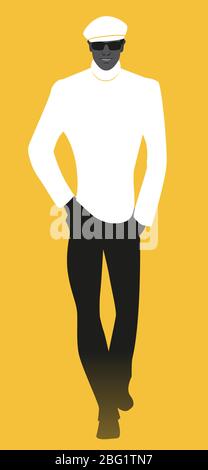 Stylish young man model, walking smiling, wearing sunglasses, beret and chic retro style clothes. Isolated on white background Stock Vector