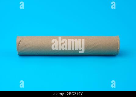 brown paper towel from a roll of kitchen towels, object on a blue background Stock Photo