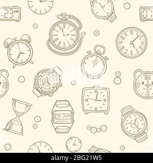 Vintage hand drawn clocks and watches. Time vector seamless pattern. Illustration of clock drawing, time seamless pattern Stock Vector