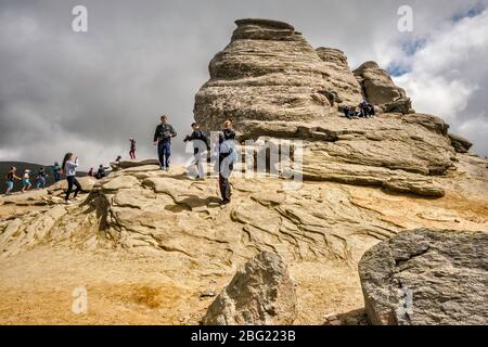 Sfinxul (Sphinx) rock formation in Babele area, Bucegi Mountains, Bucegi Natural Park, Southern Carpathians (Transylvanian Alps), Romania Stock Photo