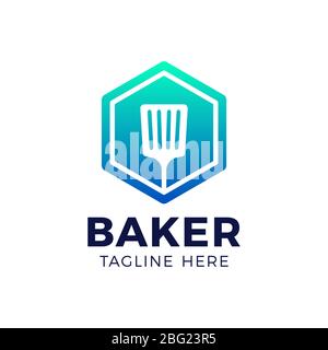 The kitchen spatula vector mark elbow against the background of the hexagon. Vector sign for a cooking show. Stock Vector