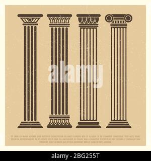 Grunge poster with ancient columns set on simple art style. Vector illustration Stock Vector