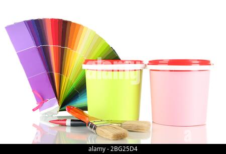 Paint pots, paintbrushes and coloured swatches isolated on white Stock Photo