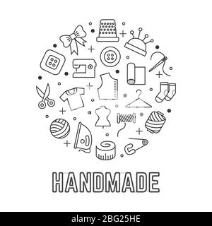 Handmade round logo design with taylor sewing linear icons isolated on white background. Sewing accessories, needlework and tailor. Vector illustratio Stock Vector