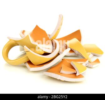 Yellow broken cup isolated on white Stock Photo