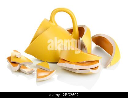 Yellow broken cup isolated on white Stock Photo