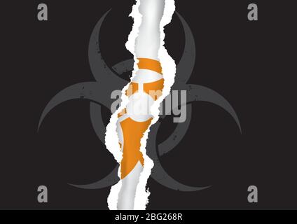 Ripped paper with biohazard symbol,hidden danger. Illustration of black torn paper backround with yellow biohazard icon. Vector available. Stock Vector