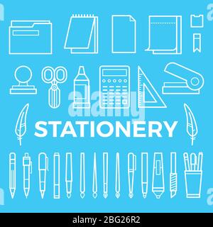 Line style stationery icons collection. Vector office stationery pencil, marker and pen, brush and ballpoint illustration, stapler, paintbrush, Stock Vector