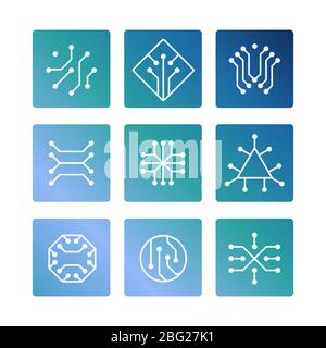 Electronic computer chip circuit and motherboard equipment icons set. Vector illustration Stock Vector