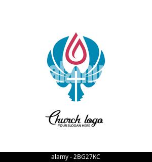 Church logo. Christian symbols. Dove and cross of Jesus Christ. Stock Vector