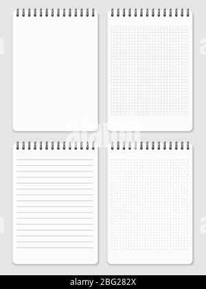 Realistic notebooks page collection - lined and dots notebook. Paper page notebook for note illustration vector Stock Vector