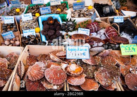 Fresh seafood at a French market in Montmartre, Paris, France. Stock Photo