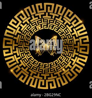 Golden ancient greek ornament with shiny butterfly on black. Vector illustration Stock Vector
