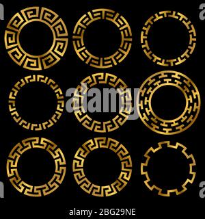 Golden ancient greek round frame ornament set. Ancient greek gold circle, classic antique round. Vector illustration Stock Vector