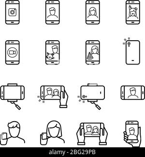 Selfie photo, people take photo with smartphone and monopod line vector icons. Self photo and selfie with smartphone illustration Stock Vector