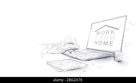 Man hands using laptop. Working from home concept. Home office in covid-19 crisis. Low poly vector Stock Vector