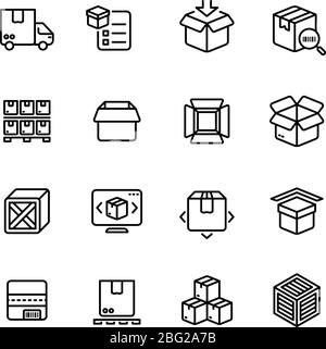 Product packing line icons. Box warehousing outline vector symbols. Delivery service packaging, thin line linear and outline box and container illustr Stock Vector