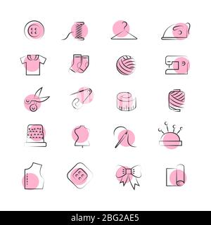 Hand drawn linear fabric, sewing, tailor, knitting vector icons isolated on white background. Vector illustration Stock Vector