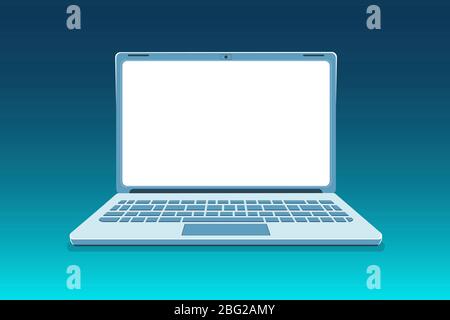 Open laptop mockup front view on modern blue background. Technology Vector illustration frameless with blank screen. Copy space monitor. Light clear frame design. Computer technology template. Stock Vector