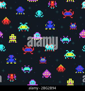 Cute pixel robots, space invaders retro video computer game seamless vector pattern. Pixel monster colored in space, comic cartoon arcade pixelated il Stock Vector