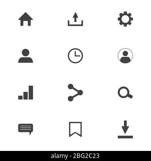 Set of icons for administrative dashboard and analytics. Settings, profile, clock, share, download, export, message Stock Vector