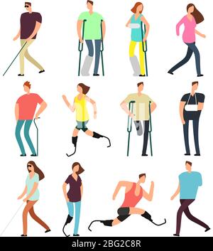 Disabled persons vector cartoon characters set. Handicapped people isolated on white background. Disabled person character, activity athlete handicap Stock Vector