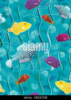 Colorful school of fish on a bright blue background swimming in ocean water with stylized seaweeds, shells and waves seamless vector surface pattern. Stock Vector