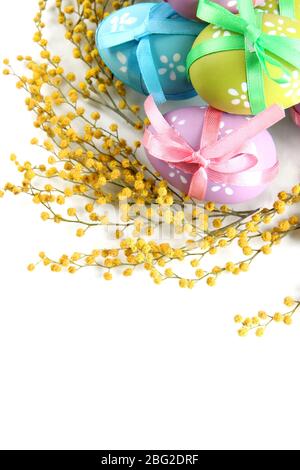 Easter eggs and mimosa flowers, isolated on white Stock Photo