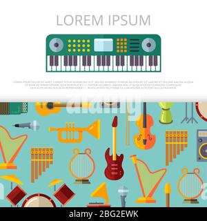 Flat colored musical instrumets banner or poster template. Vector illustration Stock Vector