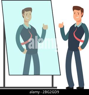 Cartoon businessman loves to look at his reflection in mirror. Egoistic person vector consept. Businessman in mirror reflection, egoistic and attracti Stock Vector