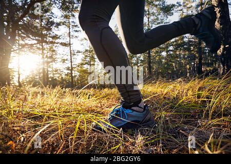 Close up of feet of trail runner in autumn forest at sunset sky training exercise Stock Photo