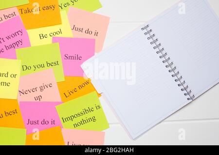 Motivational words on colorful stickers on white background. A vision Board. Copy space. Cards with words. Affirmation, development, training, seminar Stock Photo