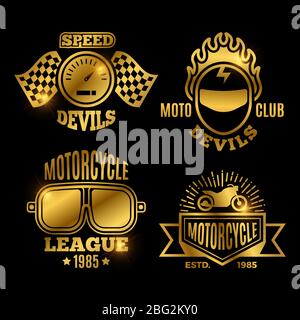 Shiny golden motorbike and motorcycle sport labels vector of set illustration Stock Vector