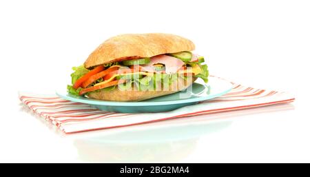 Fresh and tasty sandwich with ham and vegetables isolated on white Stock Photo