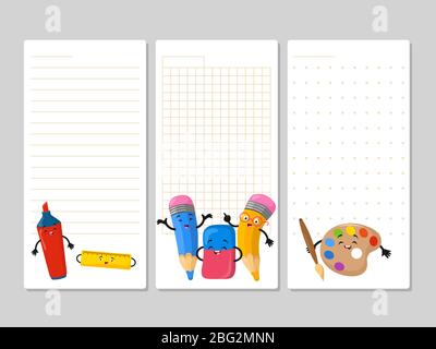 Notepad pages with cute cartoon pencils eraser marker. Notebook page with colored pencil illustration Stock Vector