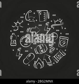 Sport supplements power, protein and vitamins line icons on blackboard. Vector illustration Stock Vector
