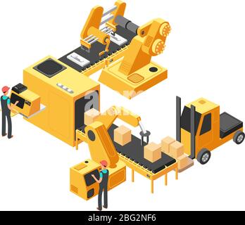 Conveyor production manufacturing line and workers vector icons ...