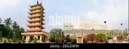 Panoramic of Vinh Trang Pagoda and Buddist gardens, Vietnam Stock Photo