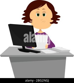 Woman working on computer, illustration, vector on white background Stock Vector