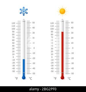 Hot and cold weather temperature symbols. Meteorology thermometers with celsius and fahrenheit scale vector illustration. Thermometer fahrenheit and c Stock Vector